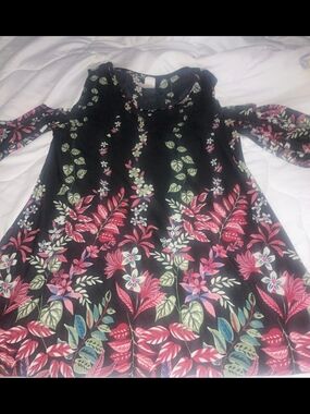 Forever 21 Black Floral Cold-Shoulder Dress with Pink and Green Print